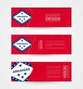 Set of three horizontal banners with US state flag of Arkansas. Web banner design template in color of Arkansas flag