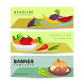 Set of three horizontal berries and fruits banners with colorful images of natural fruit slices with text vector illustration