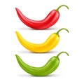 A set of three hot chili peppers, red, yellow and green. Royalty Free Stock Photo