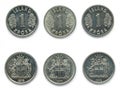 Set of 3 (three) Icelandic 1 Krona 1976, 1977, 1978 year aluminum coins, Iceland. Coin shows a Coat of Arms of Iceland