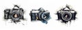 A set of three icons without a camera brand on a white background with a pattern. A modern doodle-style camera. A Royalty Free Stock Photo