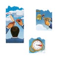 Set of three illustrations. The man is drawing a schedule. The man is tapping the bell with a hammer. Clock and money against