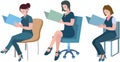 Set of three isolated female character sitting on chair at office meeting holding paper folder