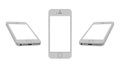 A set of three isolated images of a gray smartphone from different angles