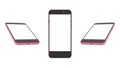 A set of three isolated images of a pink smartphone from different angles