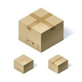 Set of three isometric cardboard boxes isolated on white background. Vector illustration. Royalty Free Stock Photo