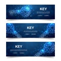 Set of three Key horizontal banners. Horizontal illustration for homepage design, promo banner. Blue Key low poly Royalty Free Stock Photo