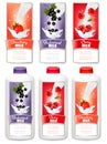 Set of three labels of berries in milk splashes and bottles