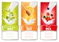 Set of three labels of fruit and berries in milk splashes. Royalty Free Stock Photo