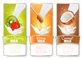 Set of three labels of fruit and berries in milk splashes.