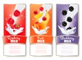 Set of three labels of fruit and berries in milk splashes. Royalty Free Stock Photo