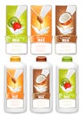 Set of three labels of fruit in milk splashes and bottles Royalty Free Stock Photo