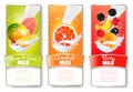 Set of three labels of of fruit in milk splashes. Royalty Free Stock Photo