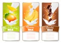 Set of three labels of fruit in milk splashes.