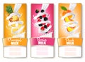 Set of three labels of of fruit in milk splashes. Royalty Free Stock Photo