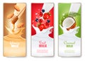 Set of three labels of of fruit in milk splashes. Royalty Free Stock Photo