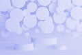 Set of three light violet round podiums on abstract stage mockup. Soft shining flying circles decor.
