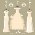 Set of three long bridal dresses hang on ribbons Royalty Free Stock Photo