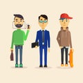 Set of three men: Manager, office worker or businessman and a young skateboarder.