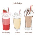 Set of three milk shakes strawberry, vanilla and chocolate.