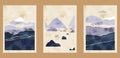 Set of three minimalist abstract backgrounds with watercolor texture, mountains, lines, islands, sea, yachts.