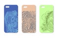 A set of three mobile phone cases. Vector background in zentangle style. Handdrawn elements. Royalty Free Stock Photo