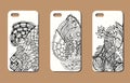 A set of three mobile phone cases. Vector background in zentangle style. Handdrawn elements. Royalty Free Stock Photo