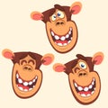 Set of three monkey heads icons. Vector cartoon illustration in flat style is