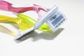 Set of three multi-colored female razors for shaving isolated on white background. Royalty Free Stock Photo