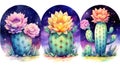 Set of Three Mystical Watercolor Moon Cactus AI Generated