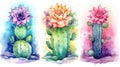 Set of Three Mystical Watercolor Moon Cactus AI Generated