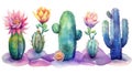 Set of Three Mystical Watercolor Moon Cactus AI Generated