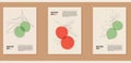 Set of three natural minimalist backgrounds.Vegan posters for grocery advertising, social media, cover design, web.