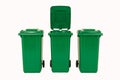 Set of three new unbox green large bins isolated on white background Royalty Free Stock Photo