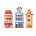 Set of three old city buildings. House facades flat illustration