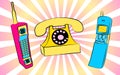 Set of three old yellow blue and blue retro retro vintage Hipster vintage square first mobile phones with long antenna and sliders Royalty Free Stock Photo