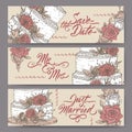 Set of three original wedding banners based on cake vintage sketch and brush calligraphy. Royalty Free Stock Photo