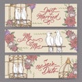 Set of three original wedding banners based on doves in cage color sketch and brush calligraphy.