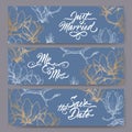 Set of three original wedding banners based on magnolia flower sketch and brush calligraphy on blue.