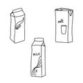 Set of three outline milk package, hand draw vector illustration