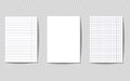 A set of three pages of a notebook. Sheets of paper are white, squared and in a line. Blank white sheets isolated on