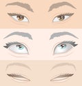 Set of three pairs of Asian women`s eyes. Variations of shapes and colours