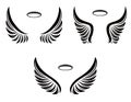 Set of three pairs of vector angel wings with nimbus