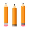 Set of three pencils. Pencil with eraser. Isolated. Flat design