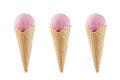 Set of three pink ice cream in crisp waffle cones isolated on white background, mock up for design. Royalty Free Stock Photo