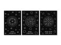 Set of three pizza posters white outline captions margarita Neapolitan meat olives on black background