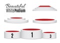 Set three podiums. Three-stage, two-stage and one-stage podium on isolated background. Beautiful vector 3d scene