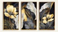 A set of three posters with beautiful golden flowers and leaves Royalty Free Stock Photo