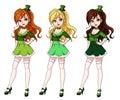 Set of three pretty girls wearing St. Patrick`s day costume. Hand drawn colored illustration on white background. Can be used for