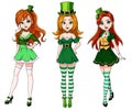 Set of three pretty red-haired girls wearing St. Patrick`s day costume. Hand drawn colored illustration on white background. Can